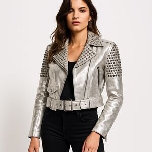The Kooples Studded Metallic-Leather Biker Jacket NWT